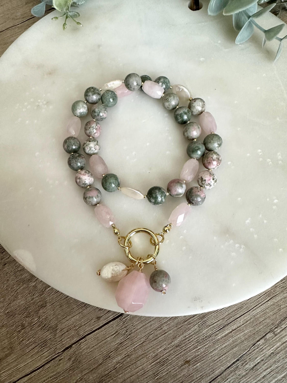 Lapis Nevada Rose Quartz Freshwater Pearl Necklace, Gold Filled Statement Pendant