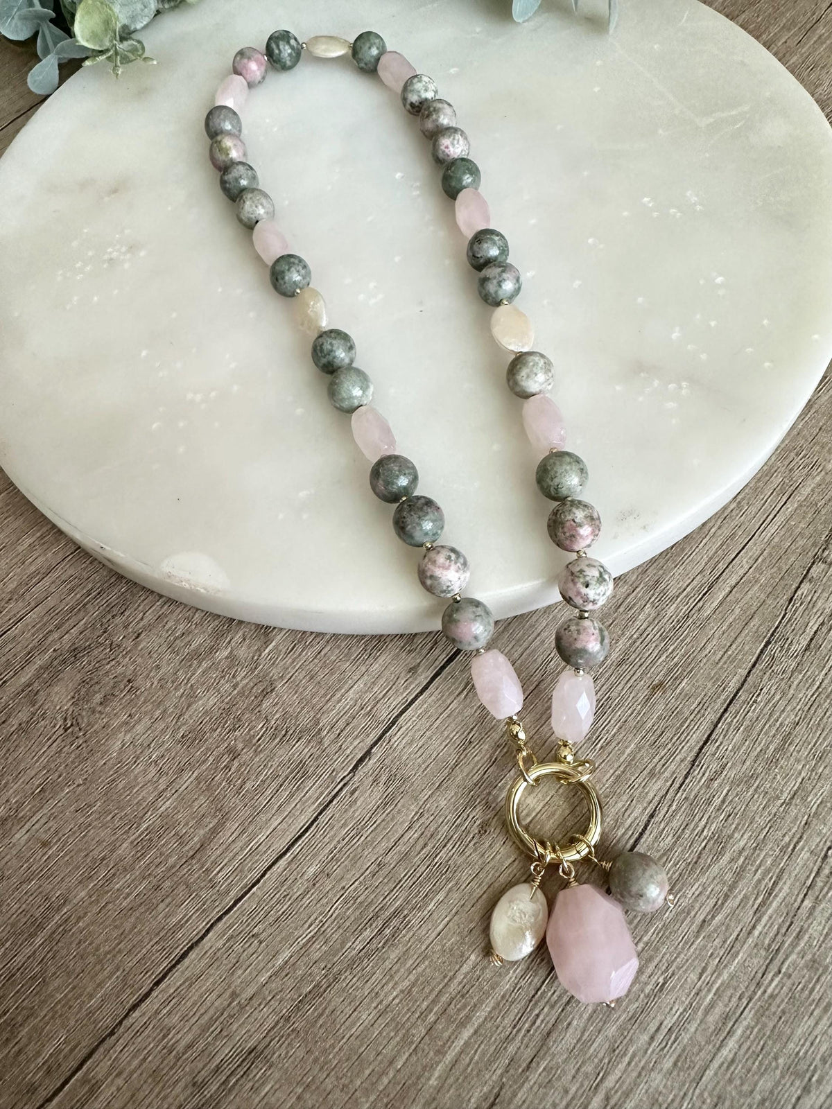 Lapis Nevada Rose Quartz Freshwater Pearl Necklace, Gold Filled Statement Pendant