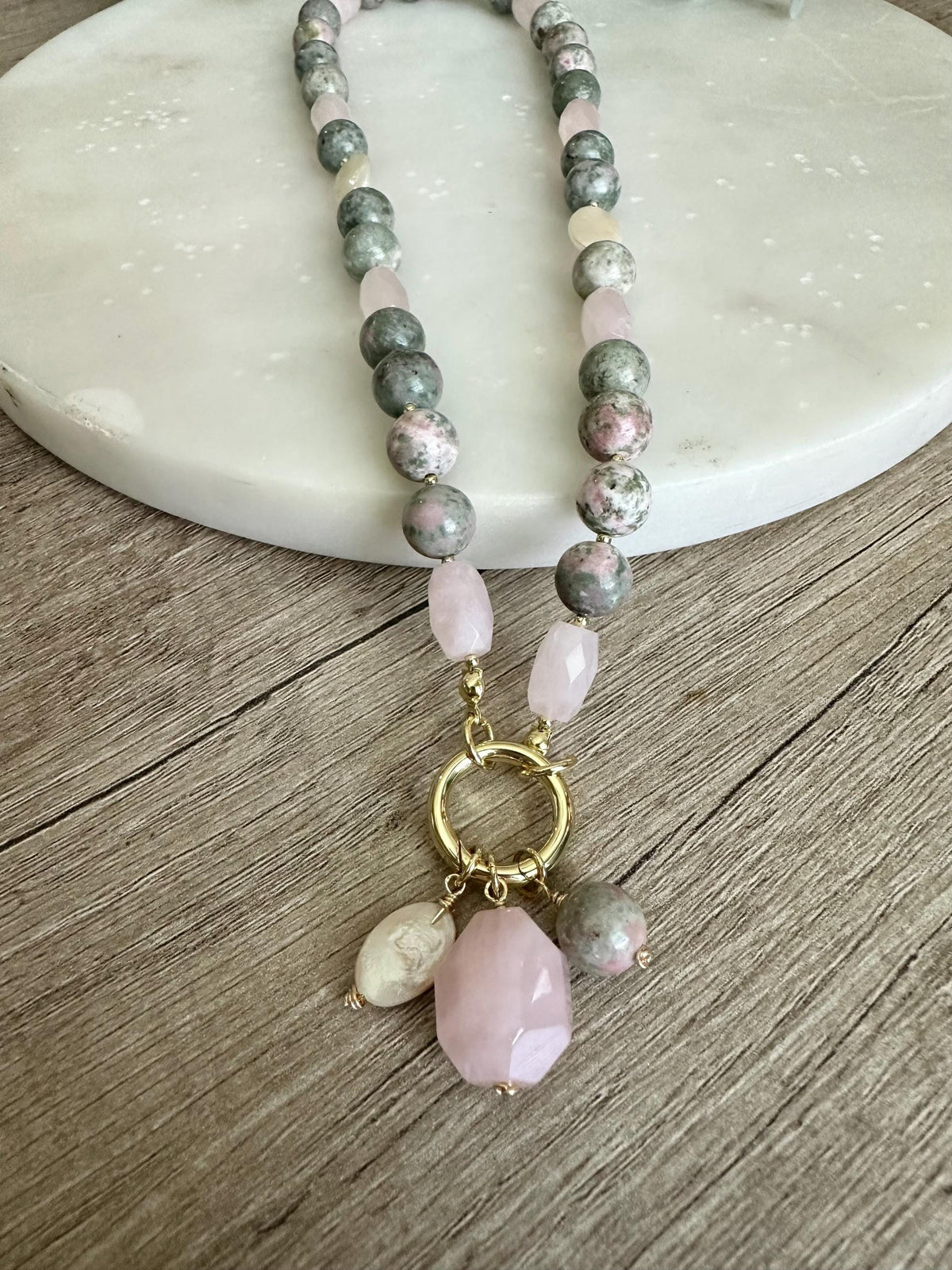 Lapis Nevada Rose Quartz Freshwater Pearl Necklace, Gold Filled Statement Pendant