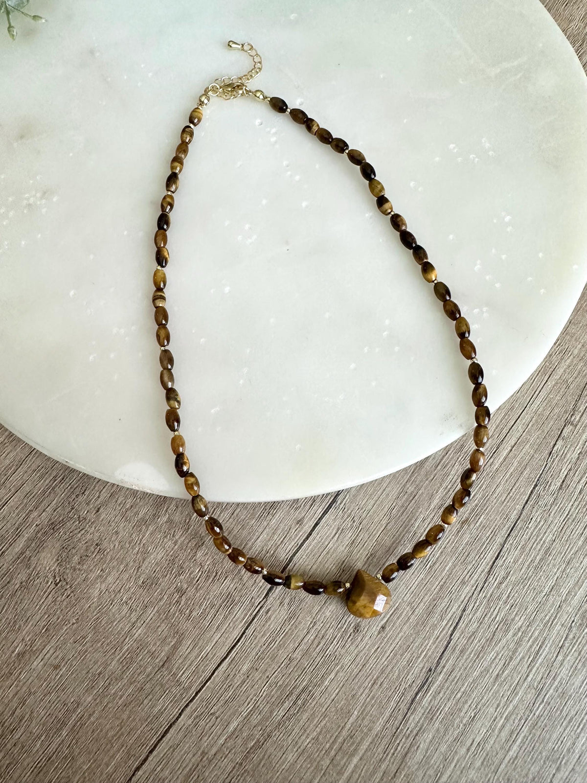 Tiger Eye Necklace with Teardrop Pendant,  Beaded Necklace, Earthy Minimal Jewelry