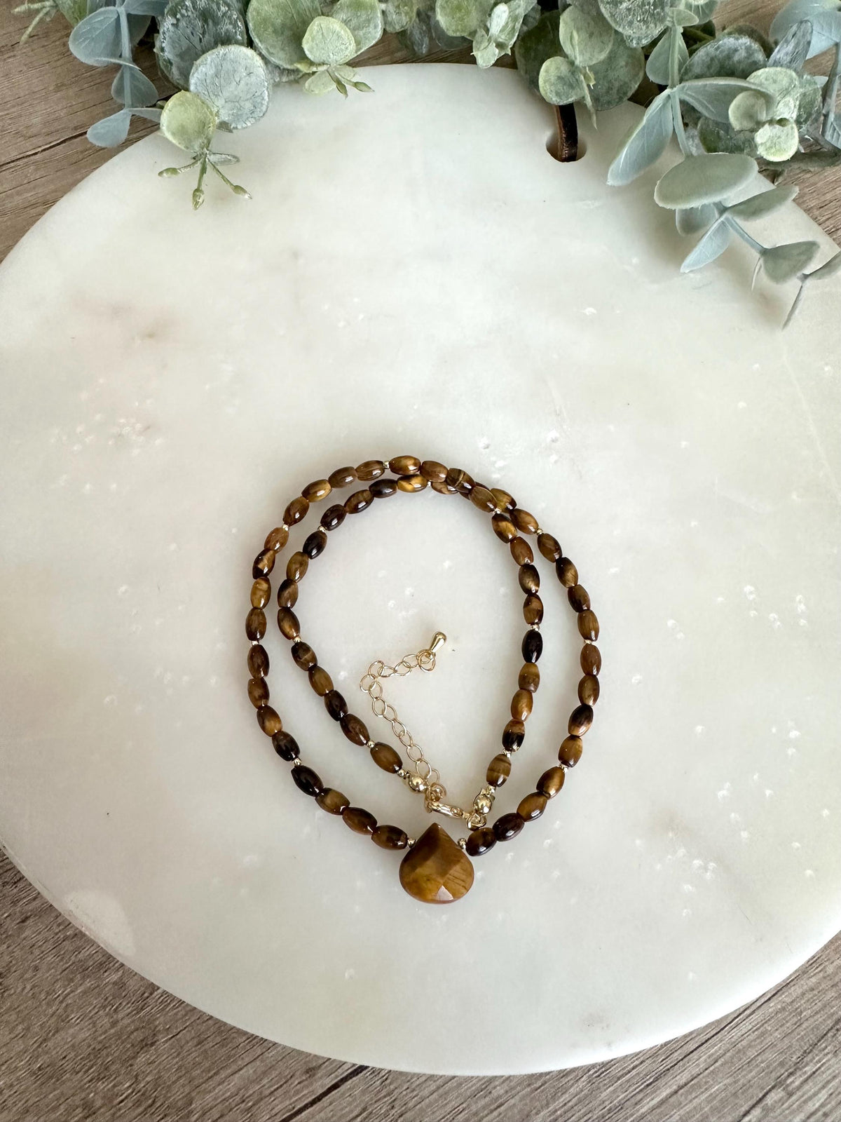 Tiger Eye Necklace with Teardrop Pendant,  Beaded Necklace, Earthy Minimal Jewelry