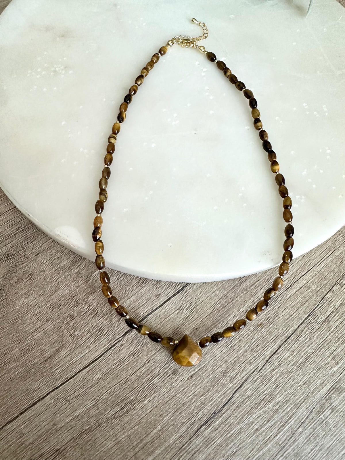 Tiger Eye Necklace with Teardrop Pendant,  Beaded Necklace, Earthy Minimal Jewelry