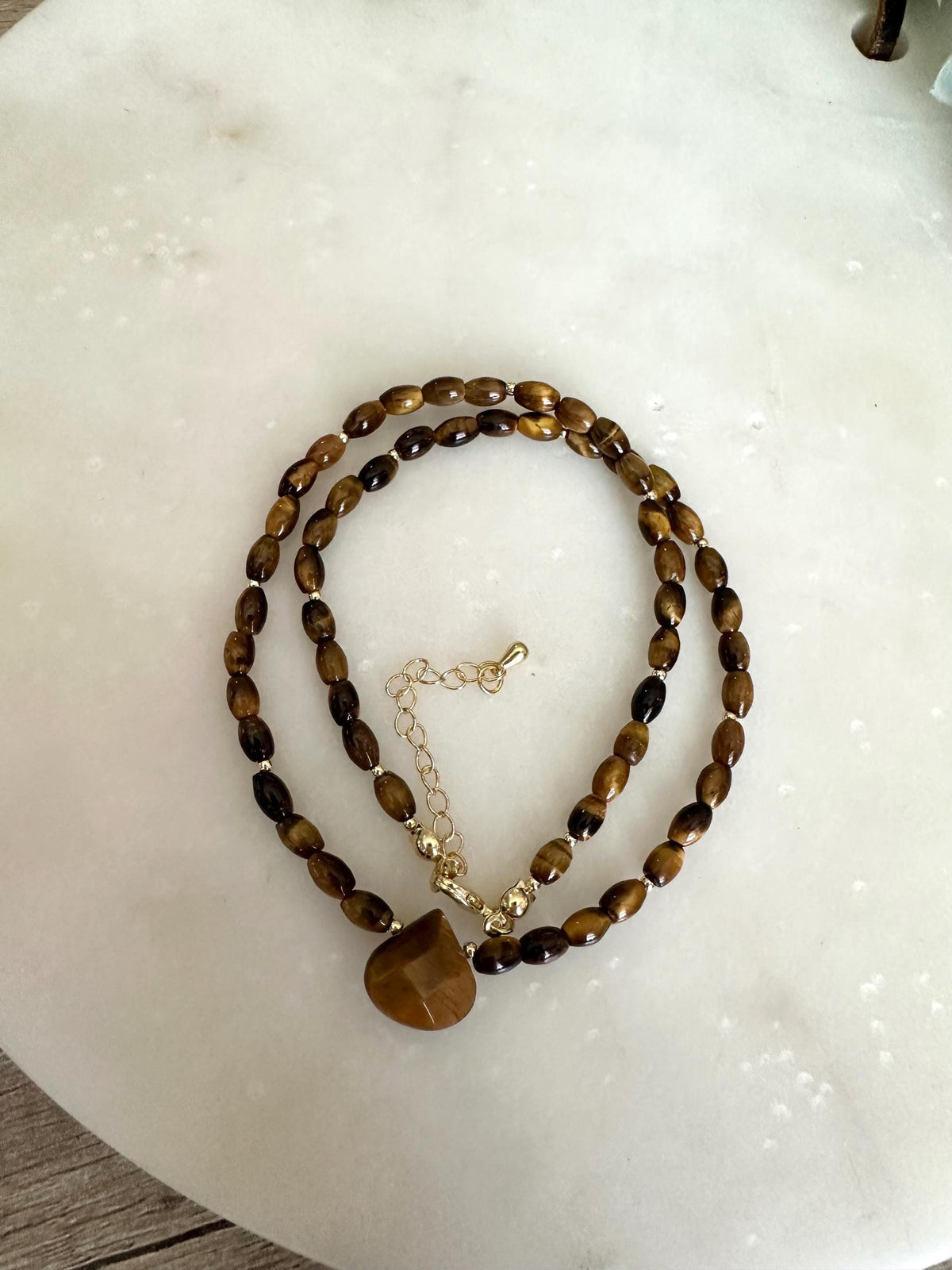 Tiger Eye Necklace with Teardrop Pendant,  Beaded Necklace, Earthy Minimal Jewelry