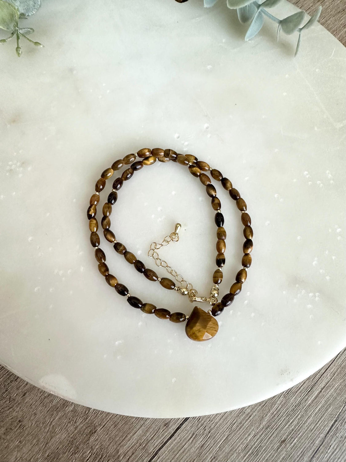 Tiger Eye Necklace with Teardrop Pendant,  Beaded Necklace, Earthy Minimal Jewelry