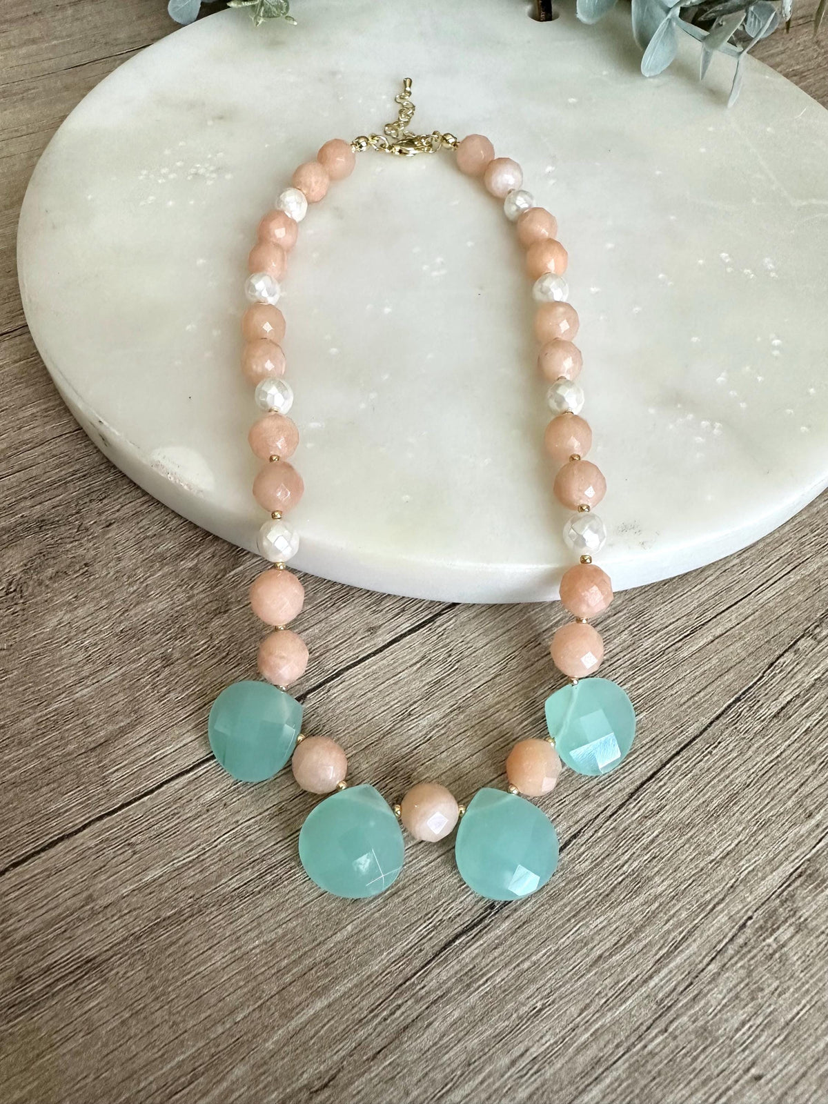 Peach Aventurine Shell Pearl Aqua Quartz Statement Necklace, Gold Filled Clasp