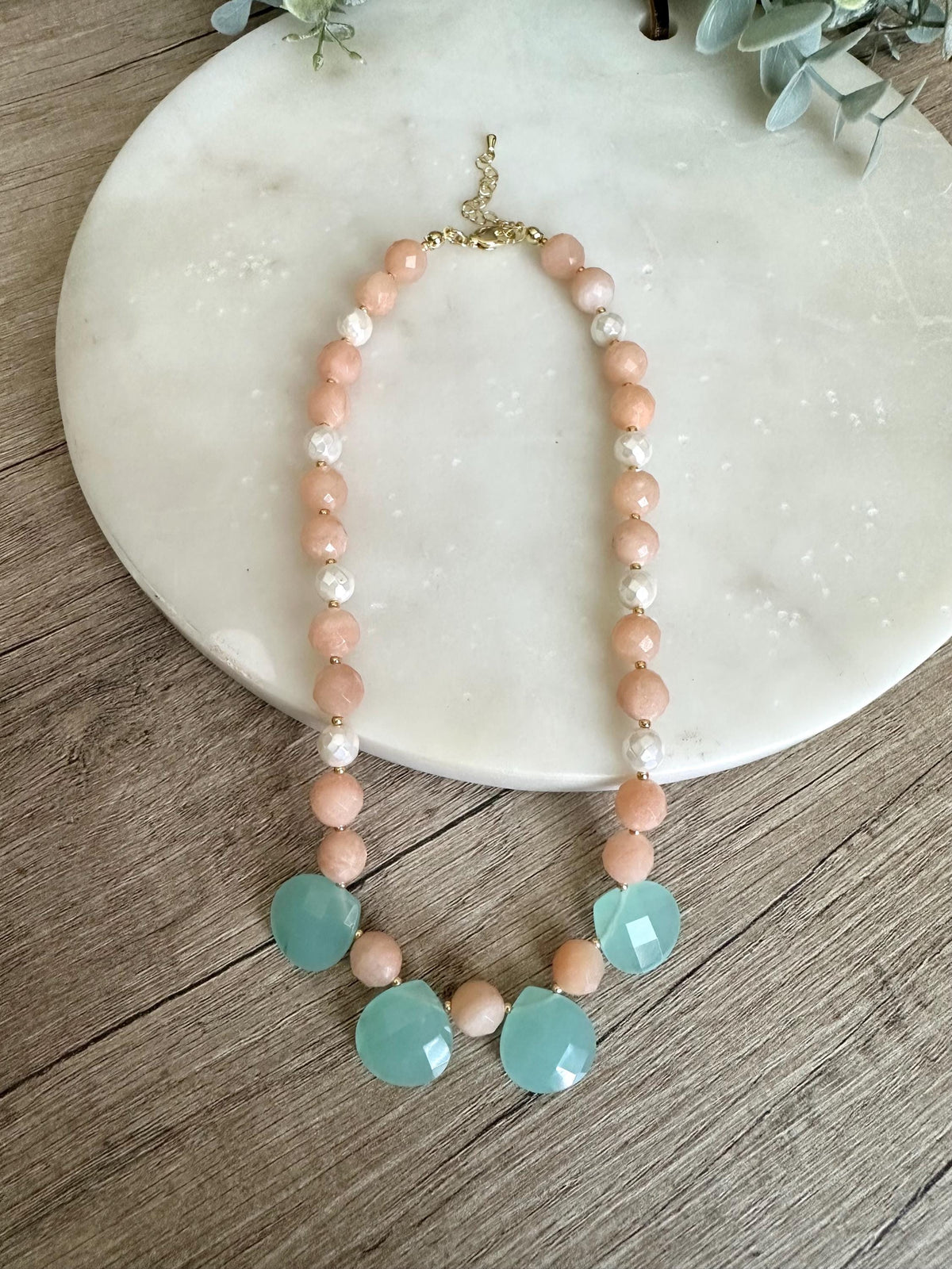 Peach Aventurine Shell Pearl Aqua Quartz Statement Necklace, Gold Filled Clasp