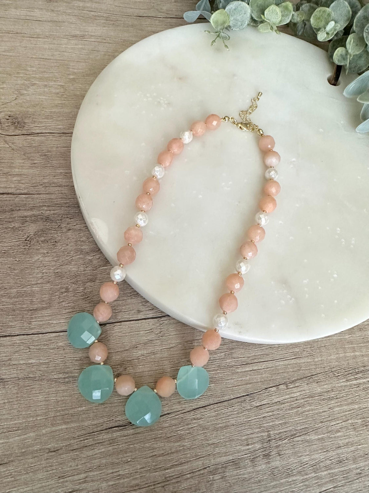 Peach Aventurine Shell Pearl Aqua Quartz Statement Necklace, Gold Filled Clasp