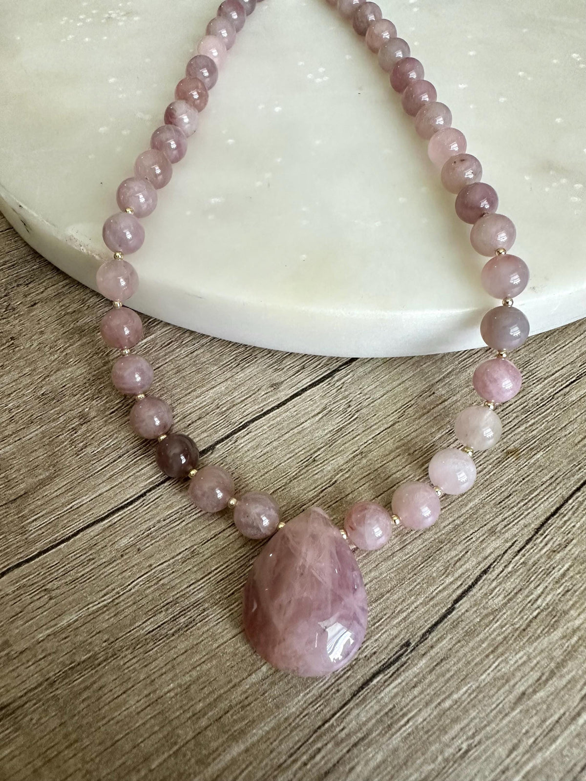 Madagascar Rose Quartz Necklace, Briolette Pendant, Gold Filled Findings
