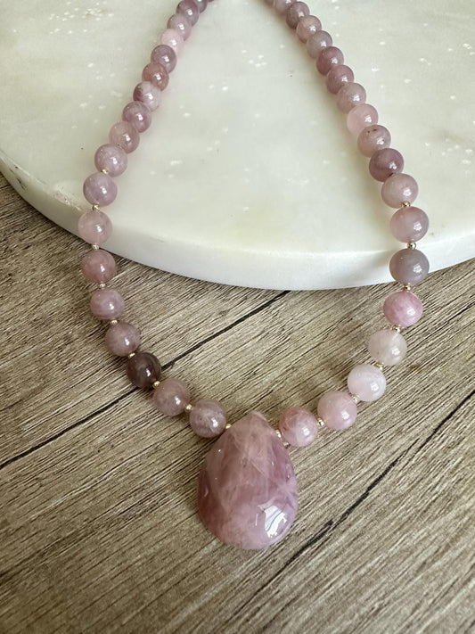 Madagascar Rose Quartz Necklace, Briolette Pendant, Gold Filled Findings