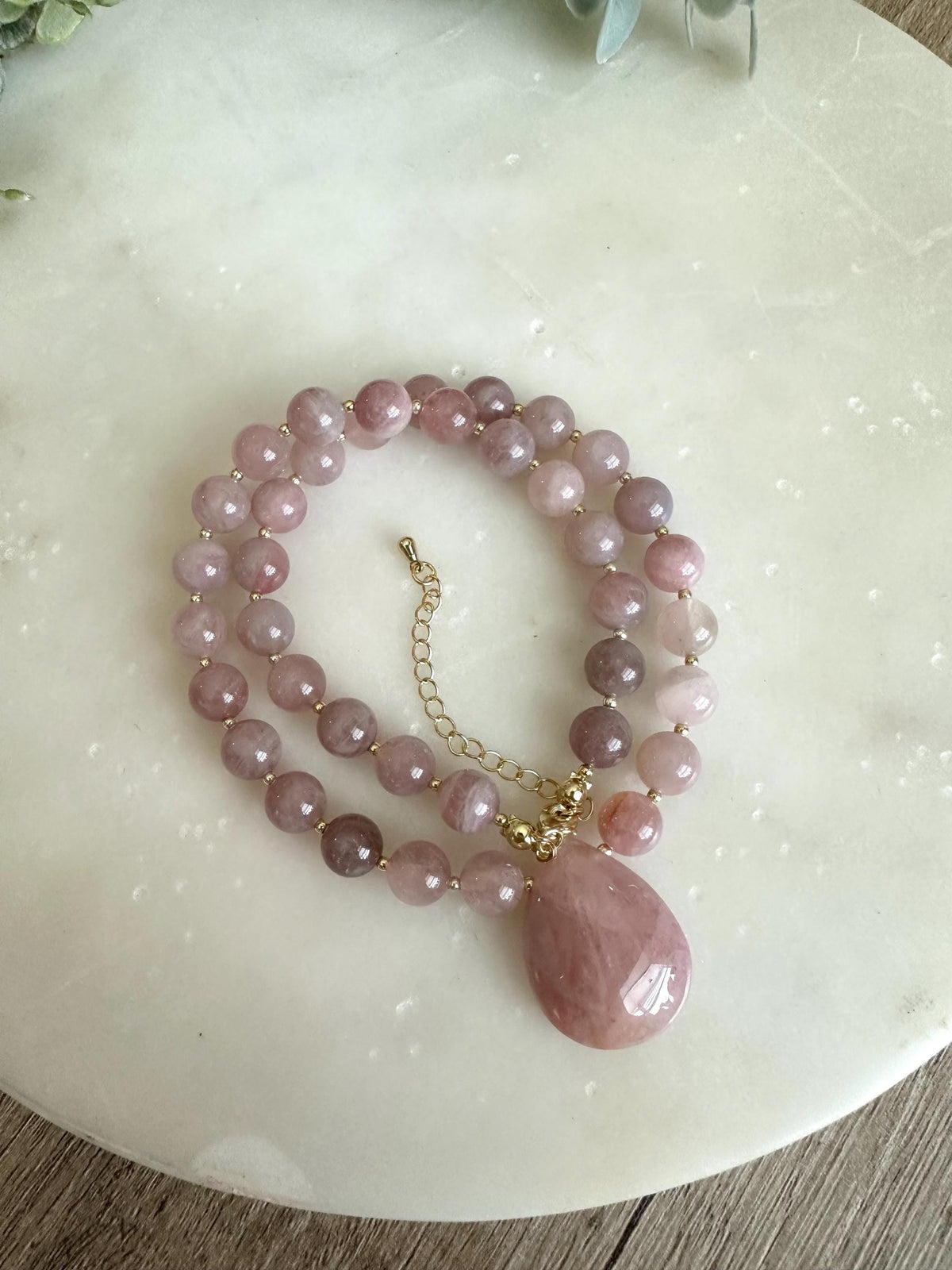 Madagascar Rose Quartz Necklace, Briolette Pendant, Gold Filled Findings