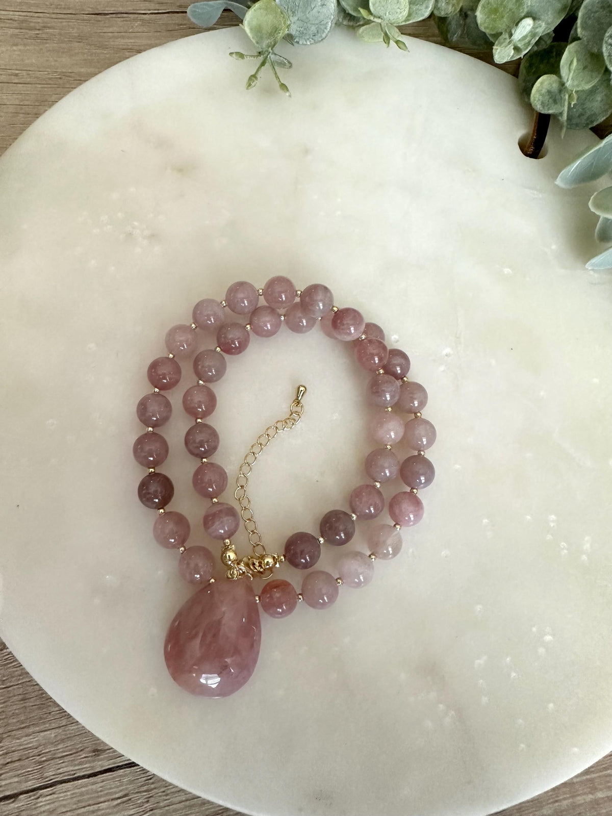 Madagascar Rose Quartz Necklace, Briolette Pendant, Gold Filled Findings