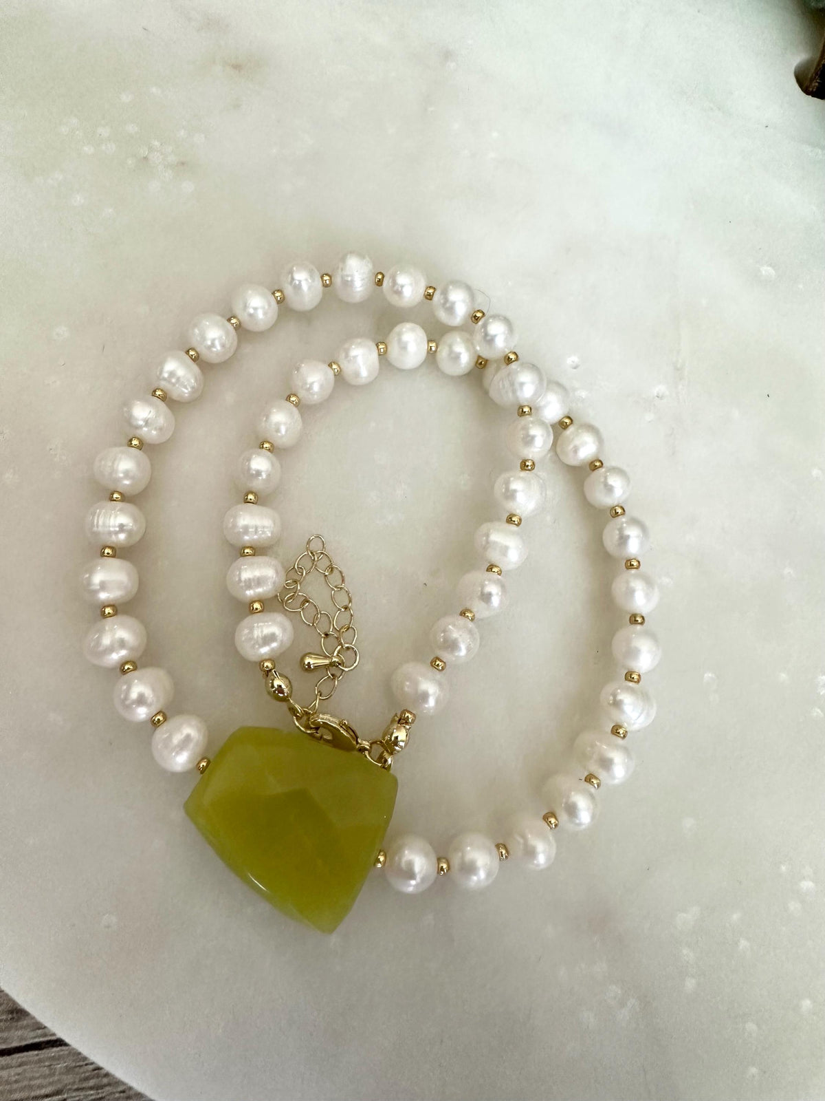 Green Jade Freshwater Pearl Statement Necklace, Gold Filled Clasp