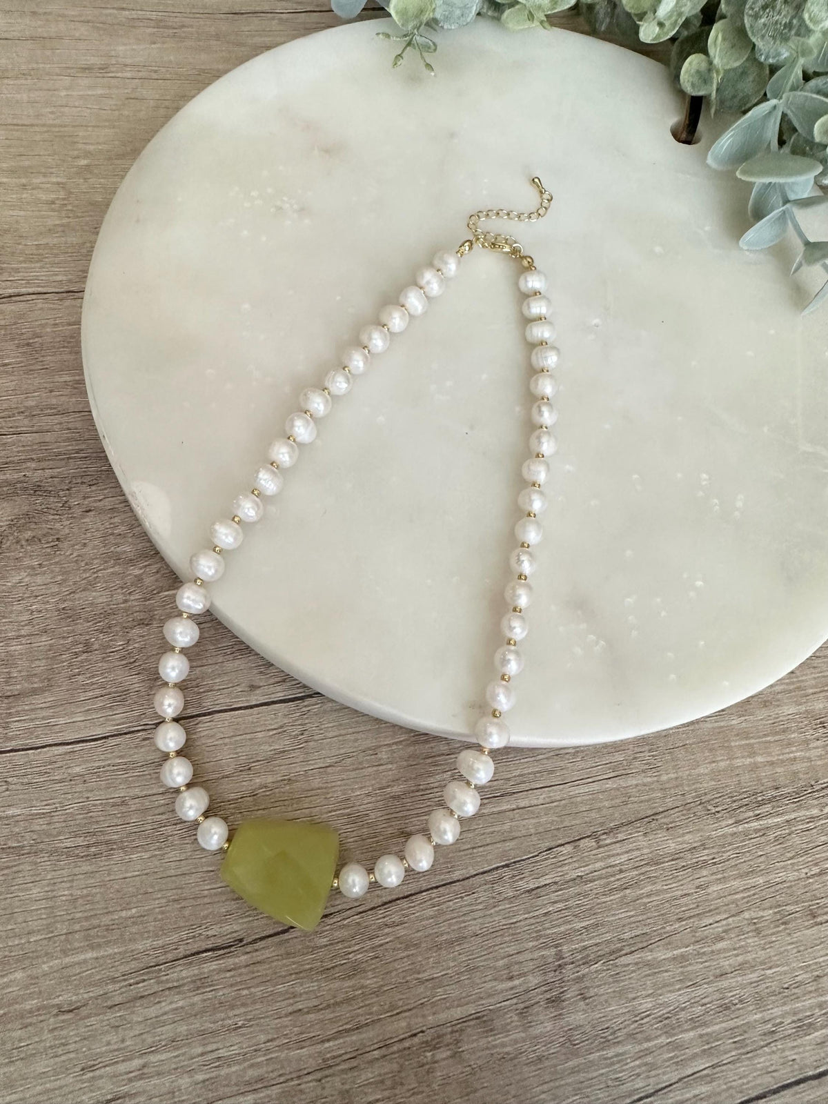 Green Jade Freshwater Pearl Statement Necklace, Gold Filled Clasp