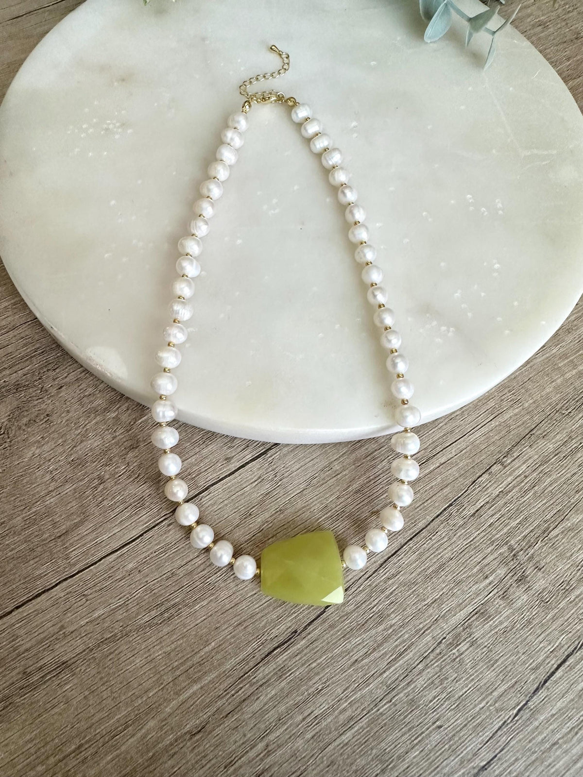 Green Jade Freshwater Pearl Statement Necklace, Gold Filled Clasp