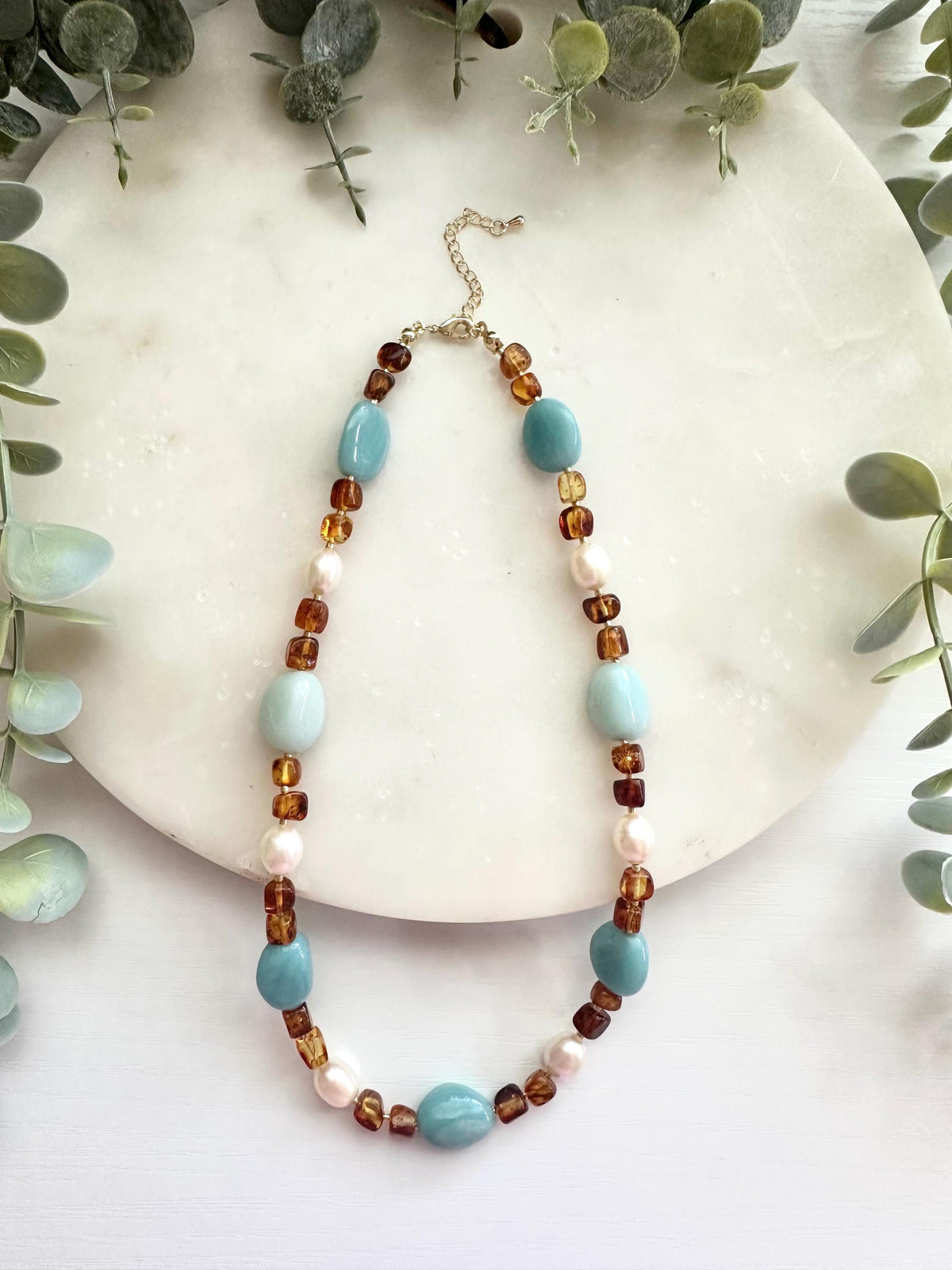 Amber & Amazonite Pearl Necklace | Freshwater Rice Pearl Gemstone Necklace | Coastal Statement Jewelry
