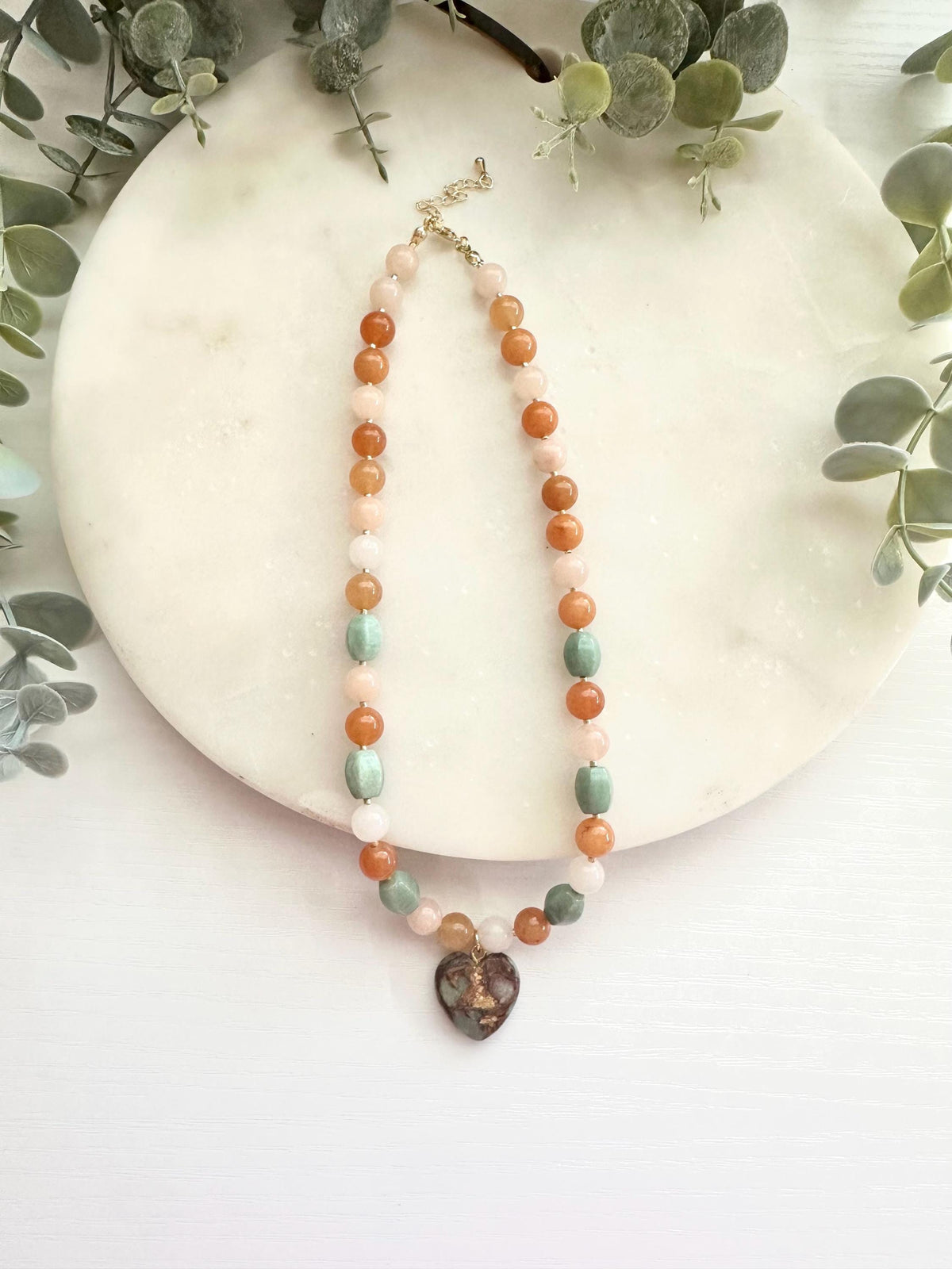 Multicolor Aventurine & Amazonite Heart Necklace | Gemstone Heart Pendant Necklace | Boho Coastal Jewelry