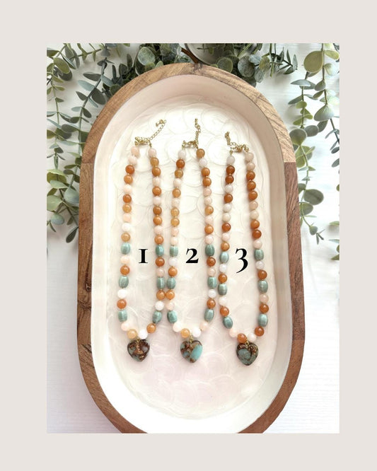 Multicolor Aventurine & Amazonite Heart Necklace | Gemstone Heart Pendant Necklace | Boho Coastal Jewelry