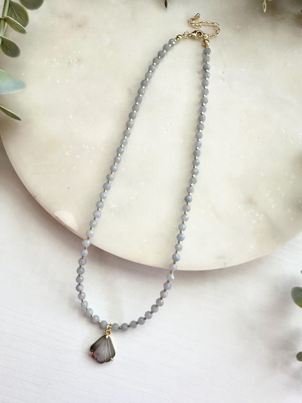 Gray Blue Jade Necklace with Mother of Pearl Shell Pendant | Minimalist Coastal Gemstone Necklace