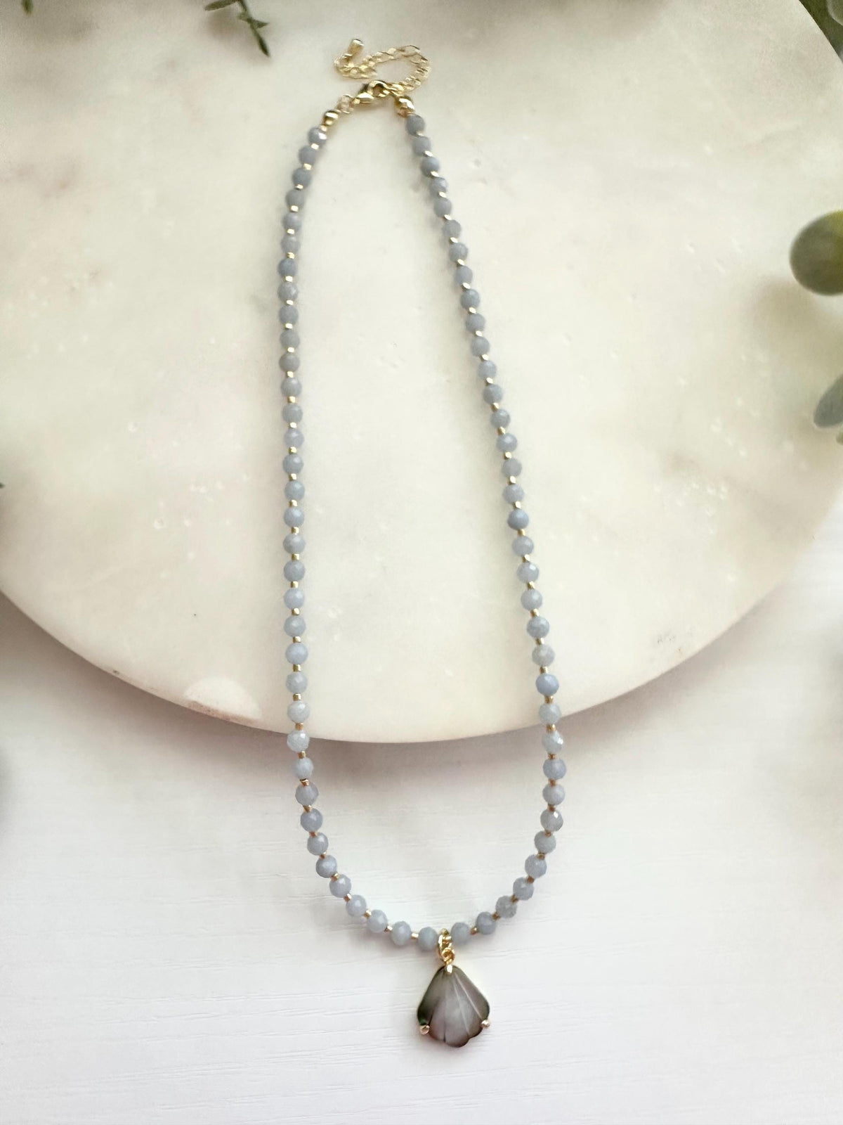 Gray Blue Jade Necklace with Mother of Pearl Shell Pendant | Minimalist Coastal Gemstone Necklace