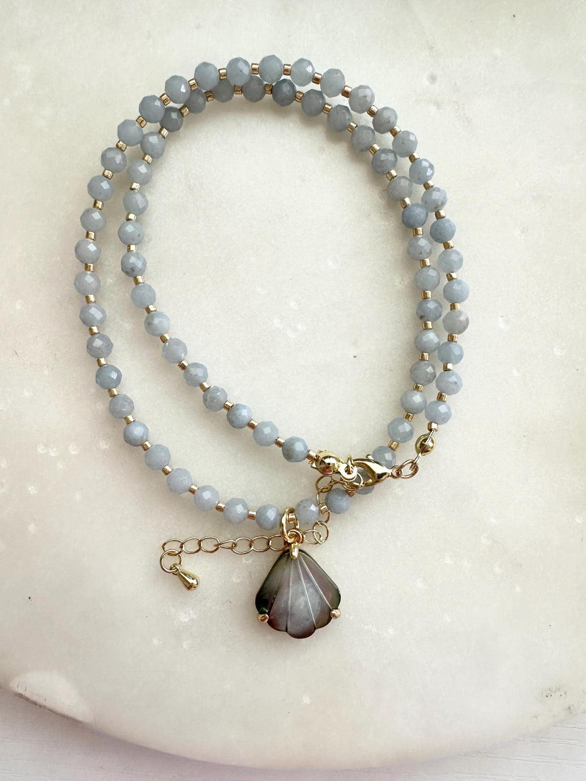 Gray Blue Jade Necklace with Mother of Pearl Shell Pendant | Minimalist Coastal Gemstone Necklace