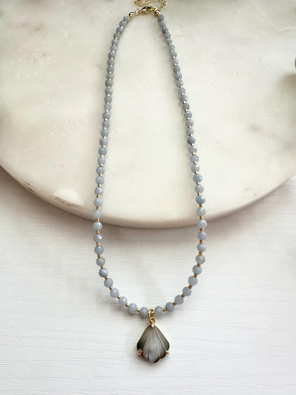 Gray Blue Jade Necklace with Mother of Pearl Shell Pendant | Minimalist Coastal Gemstone Necklace