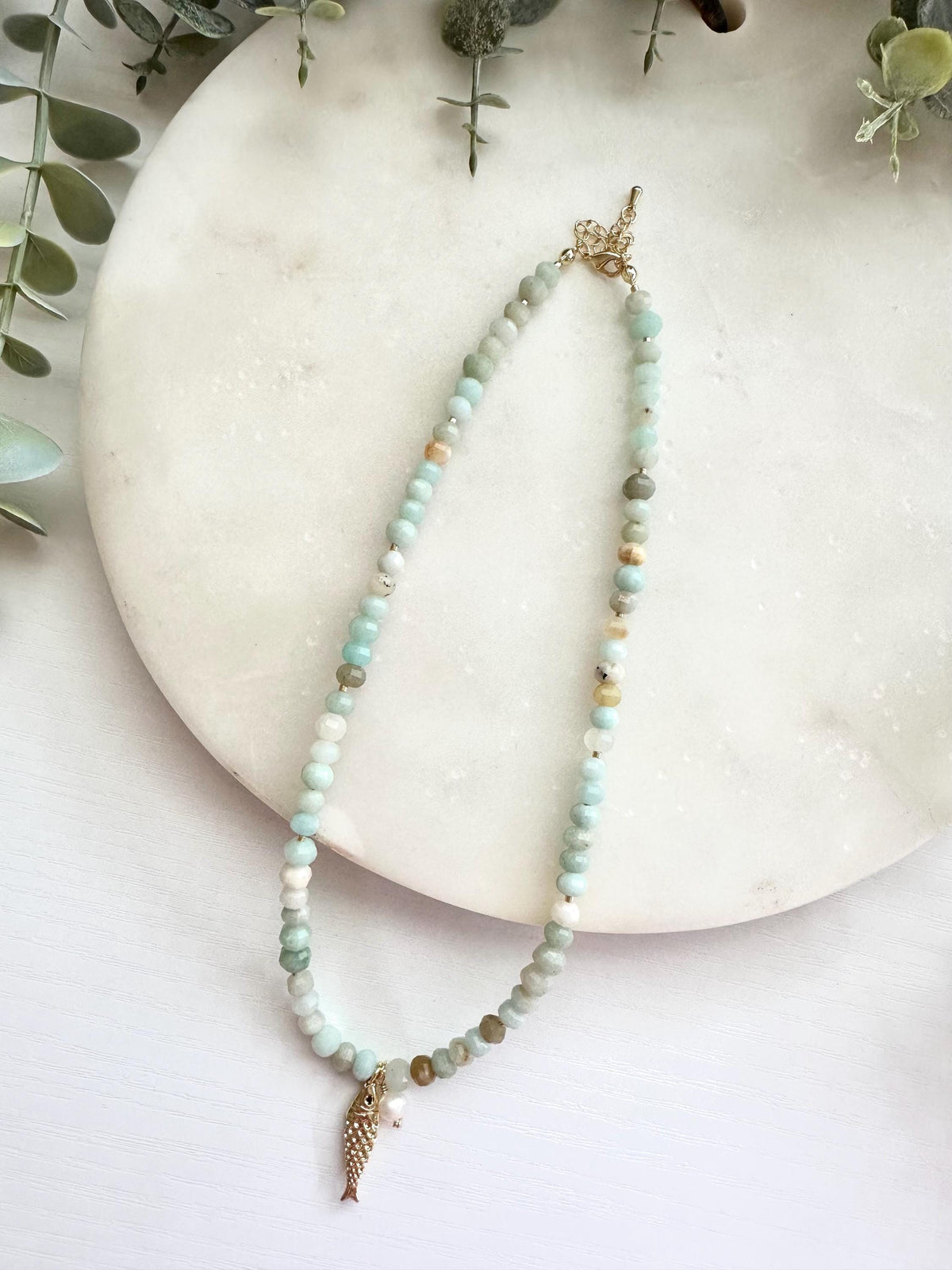 Amazonite Necklace with Fish and Freshwater Pearl Pendant | Minimalist Coastal Gemstone Necklace