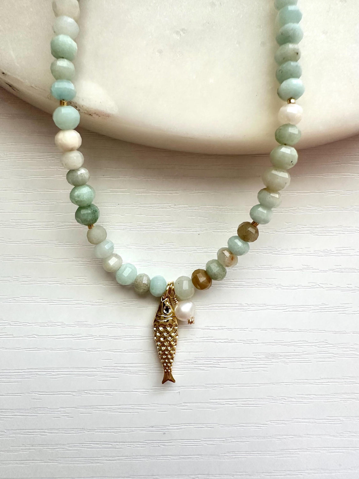 Amazonite Necklace with Fish and Freshwater Pearl Pendant | Minimalist Coastal Gemstone Necklace