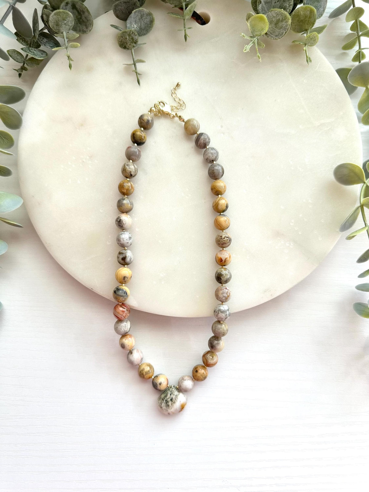 Crazy Lace Agate Necklace, Moss Agate Drop Pendant, Neutral Necklace, Beaded Jewelry