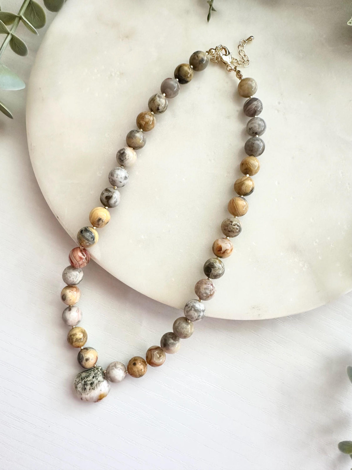 Crazy Lace Agate Necklace, Moss Agate Drop Pendant, Neutral Necklace, Beaded Jewelry