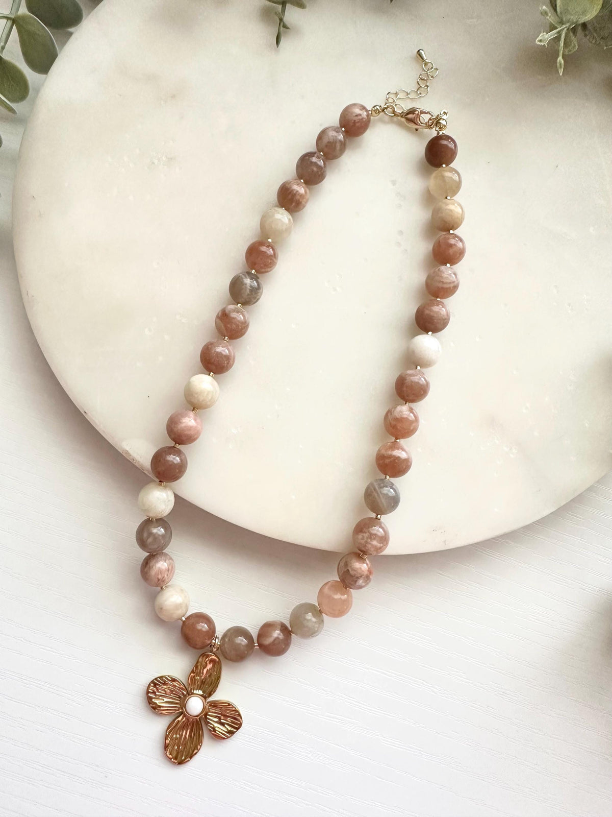 Multicolor Moonstone Necklace, Flower Pendant, Neutral Necklace, Beaded Jewelry