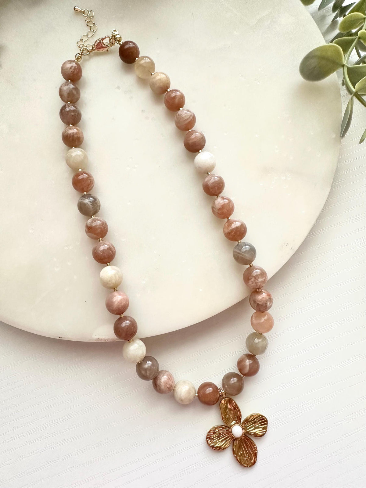 Multicolor Moonstone Necklace, Flower Pendant, Neutral Necklace, Beaded Jewelry
