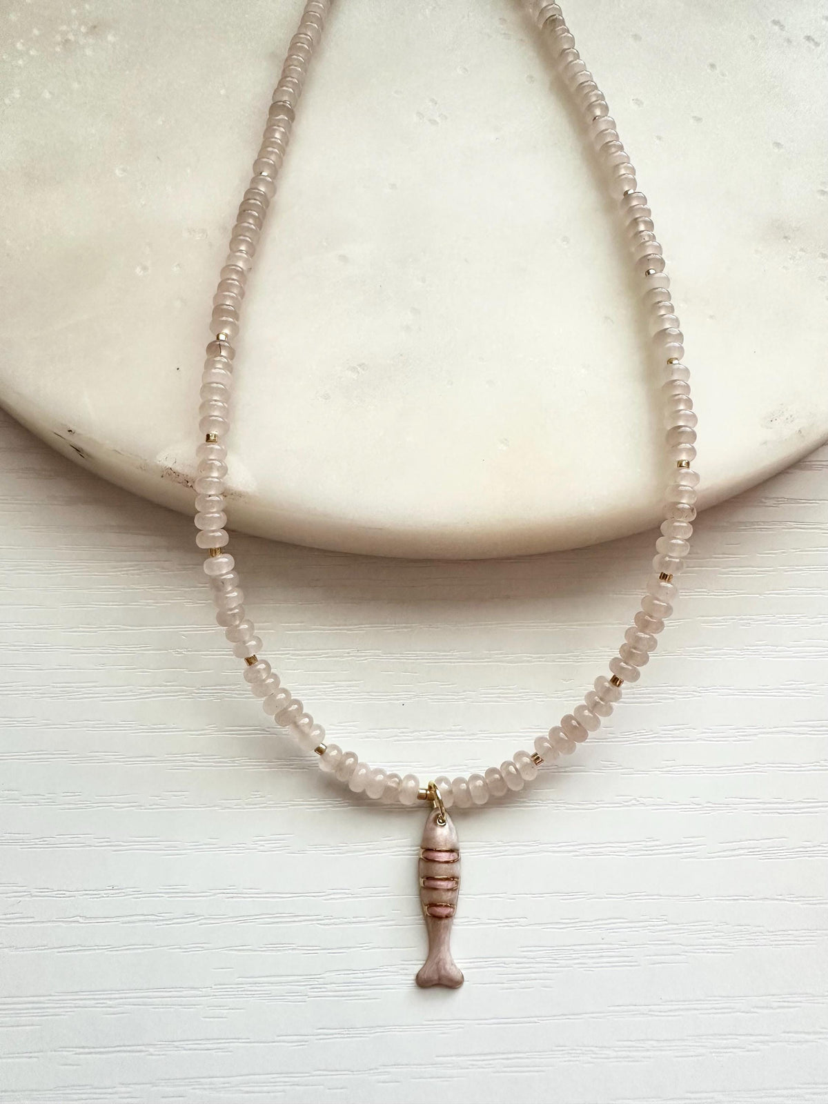 Pale Pink Jade Necklace with Pink Fish Dainty Pendant | Minimalist Coastal Gemstone Necklace