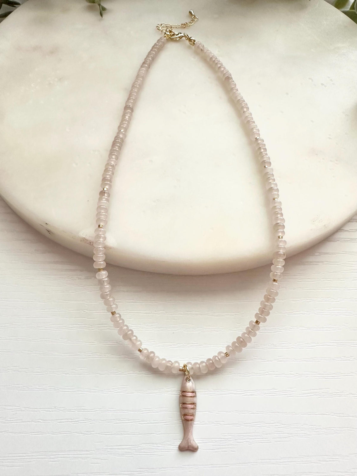 Pale Pink Jade Necklace with Pink Fish Dainty Pendant | Minimalist Coastal Gemstone Necklace