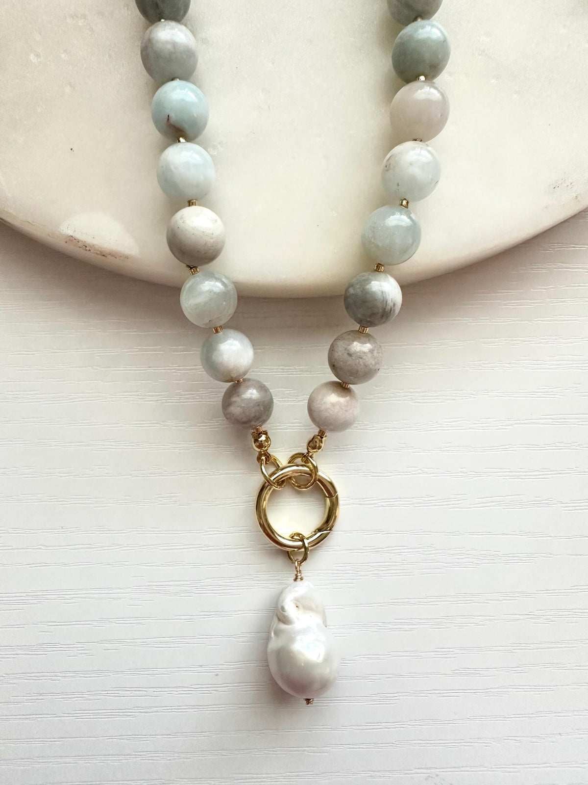 Aquamarine Necklace, Freshwater Pearl Pendant, Blue Necklace, Beaded Jewelry,  Statement Necklace