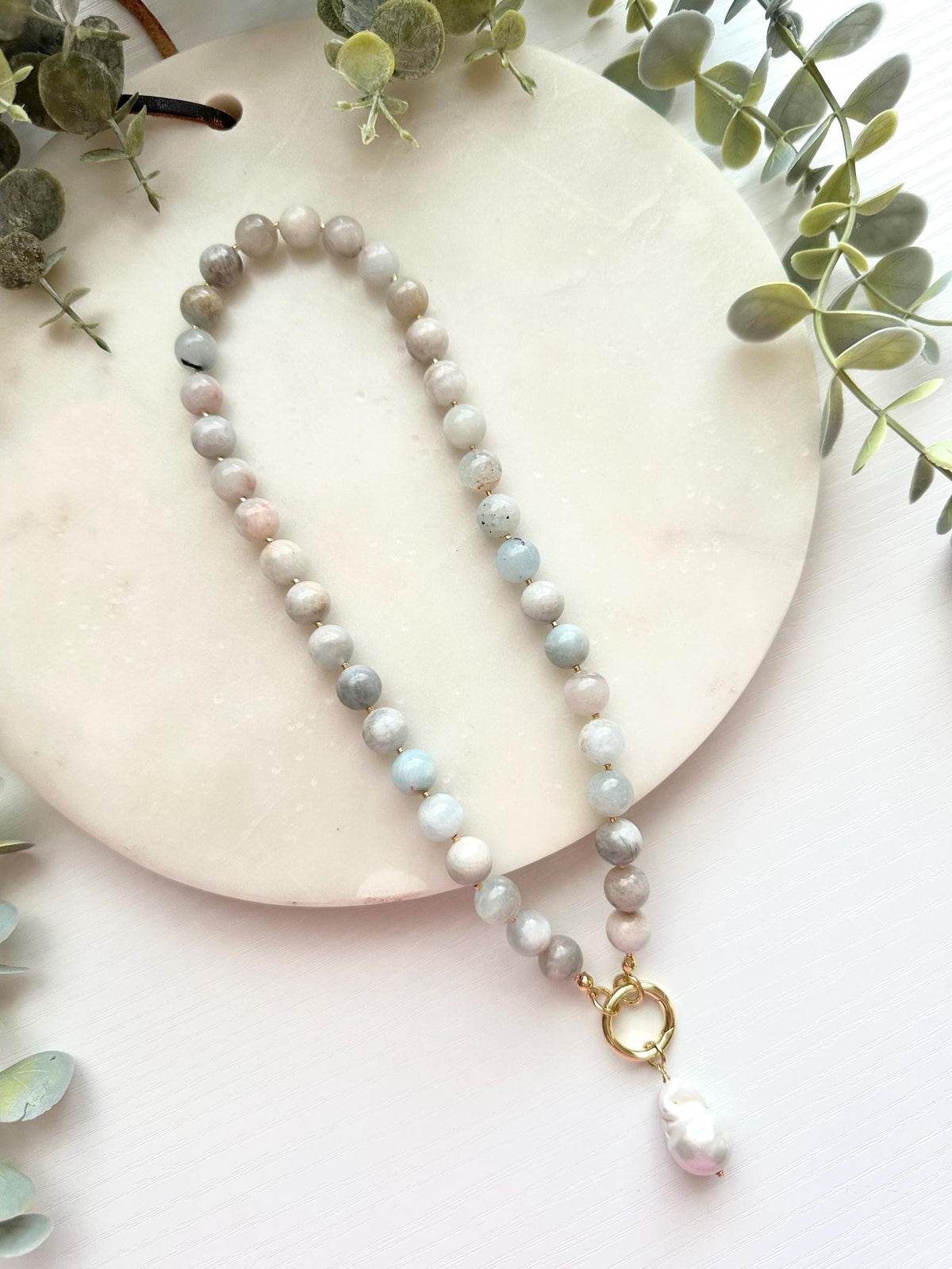 Aquamarine Necklace, Freshwater Pearl Pendant, Blue Necklace, Beaded Jewelry,  Statement Necklace