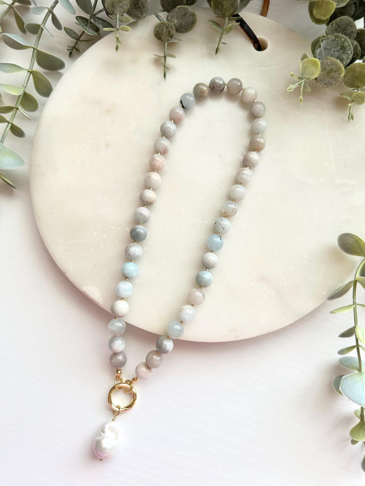 Aquamarine Necklace, Freshwater Pearl Pendant, Blue Necklace, Beaded Jewelry,  Statement Necklace
