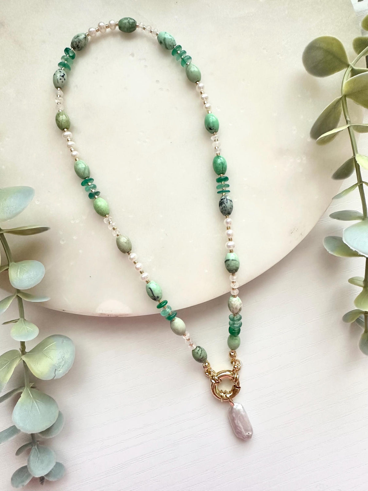 Chrysoprase Pearl Necklace, Green Onyx Necklace, Freshwater Pearl Necklace, Rainbow Moonstone Necklace, Coastal Gemstone Necklace