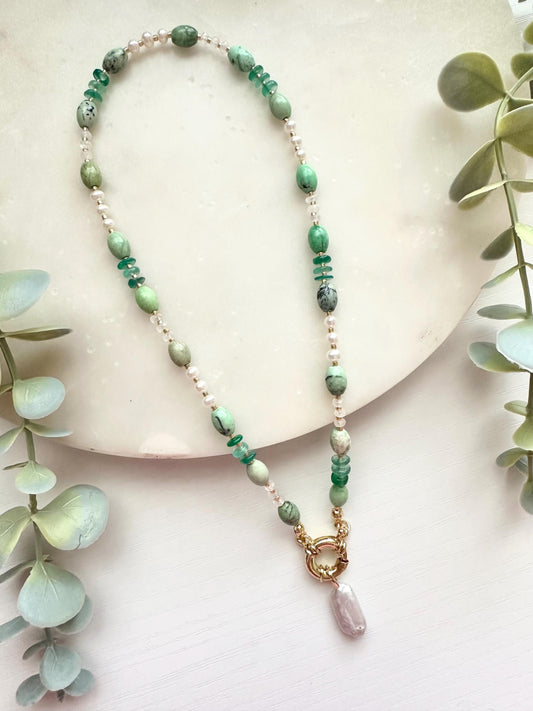 Chrysoprase Pearl Necklace, Green Onyx Necklace, Freshwater Pearl Necklace, Rainbow Moonstone Necklace, Coastal Gemstone Necklace