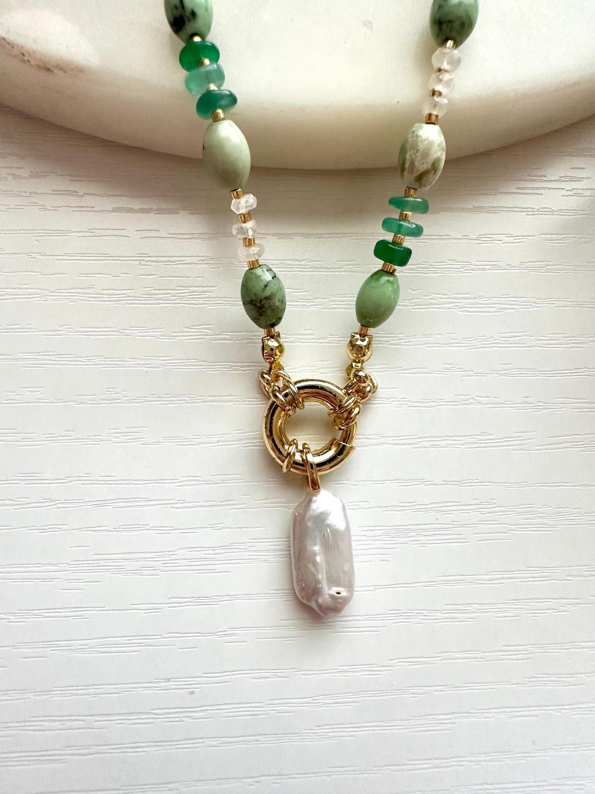 Chrysoprase Pearl Necklace, Green Onyx Necklace, Freshwater Pearl Necklace, Rainbow Moonstone Necklace, Coastal Gemstone Necklace