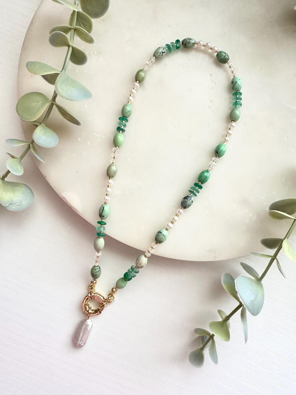 Chrysoprase Pearl Necklace, Green Onyx Necklace, Freshwater Pearl Necklace, Rainbow Moonstone Necklace, Coastal Gemstone Necklace