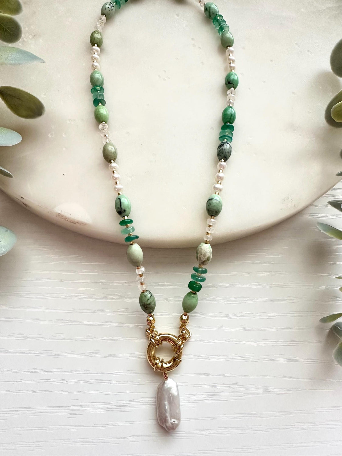 Chrysoprase Pearl Necklace, Green Onyx Necklace, Freshwater Pearl Necklace, Rainbow Moonstone Necklace, Coastal Gemstone Necklace