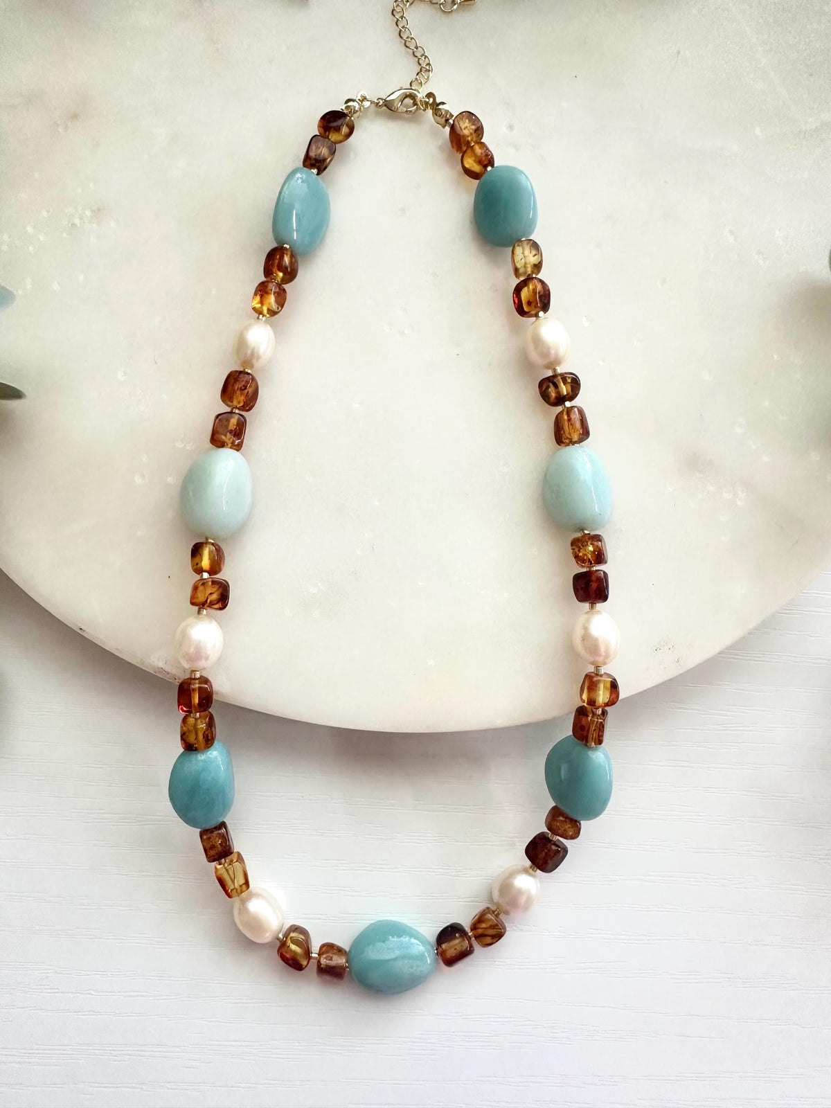 Amber & Amazonite Pearl Necklace | Freshwater Rice Pearl Gemstone Necklace | Coastal Statement Jewelry