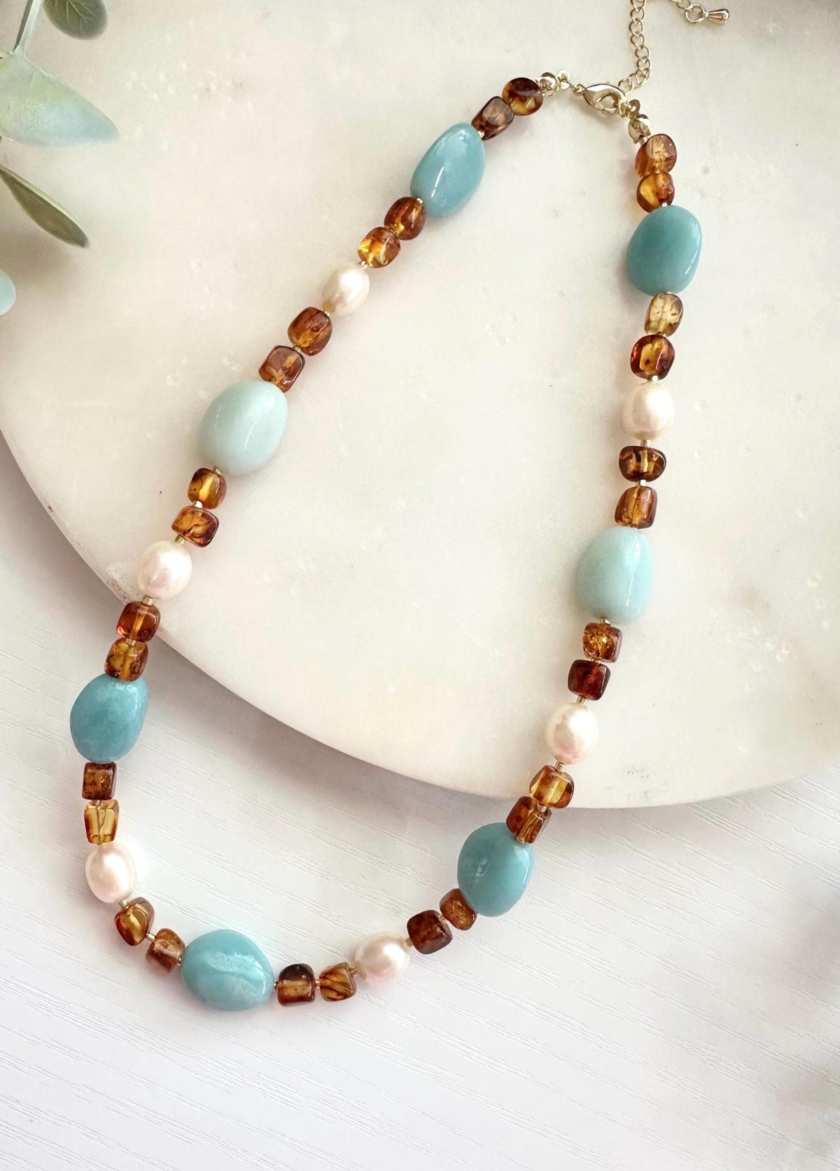 Amber & Amazonite Pearl Necklace | Freshwater Rice Pearl Gemstone Necklace | Coastal Statement Jewelry
