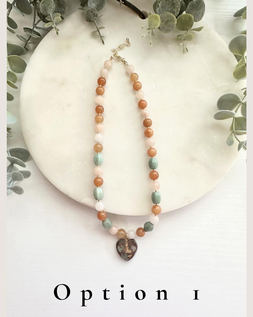 Multicolor Aventurine & Amazonite Heart Necklace | Gemstone Heart Pendant Necklace | Boho Coastal Jewelry