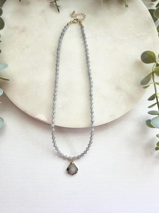 Gray Blue Jade Necklace with Mother of Pearl Shell Pendant | Minimalist Coastal Gemstone Necklace