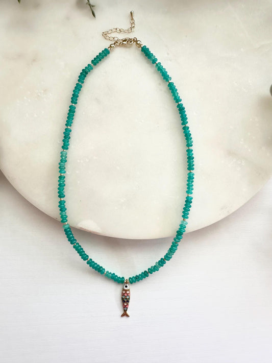 Green Aqua Jade Necklace with Multicolored Fish Dainty Pendant | Minimalist Coastal Gemstone Necklace