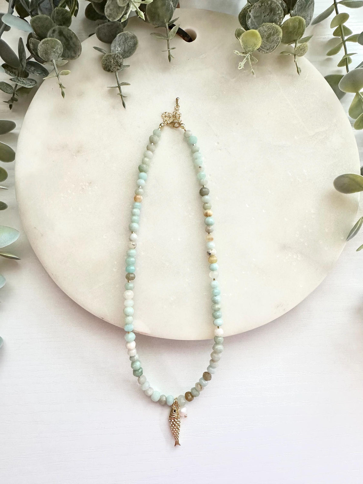Amazonite Necklace with Fish and Freshwater Pearl Pendant | Minimalist Coastal Gemstone Necklace
