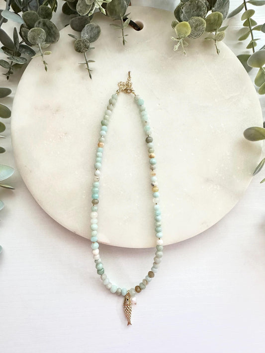 Amazonite Necklace with Fish and Freshwater Pearl Pendant | Minimalist Coastal Gemstone Necklace