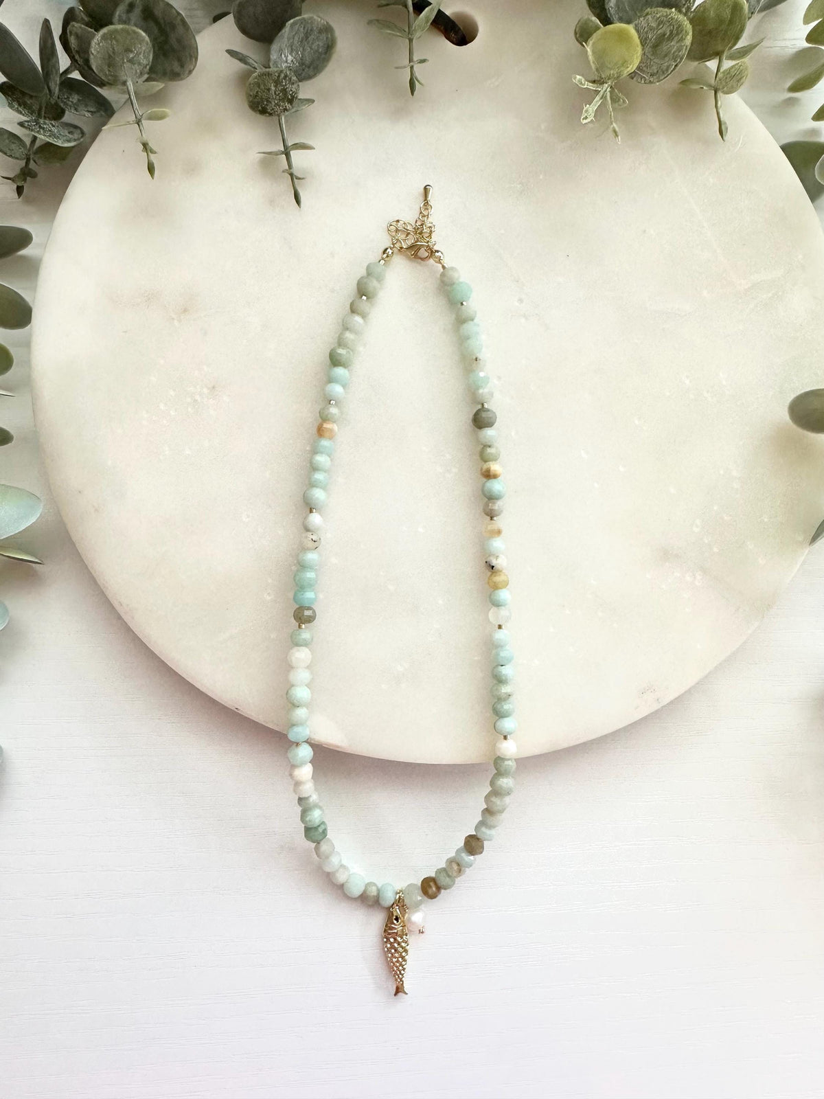 Amazonite Necklace with Fish and Freshwater Pearl Pendant | Minimalist Coastal Gemstone Necklace