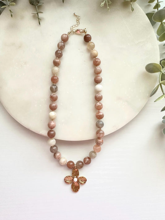 Multicolor Moonstone Necklace, Flower Pendant, Neutral Necklace, Beaded Jewelry